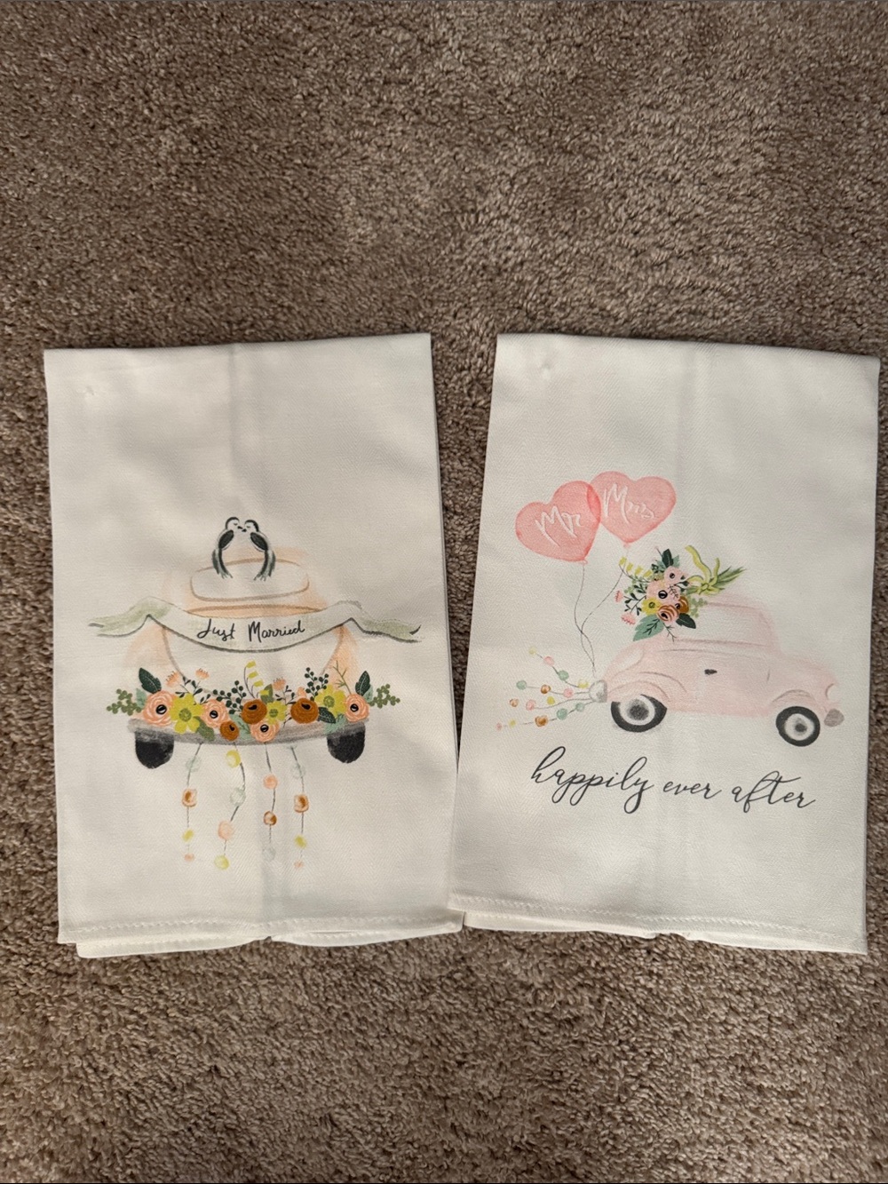 Off White 'Happily Ever After' Decorative Kitchen Towels - Wedding Car Design